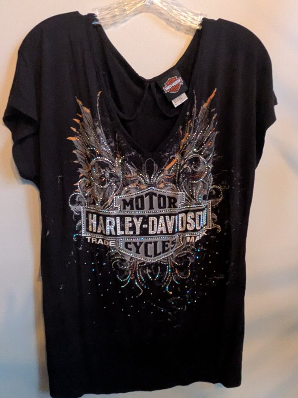 harley davidson motor cycles woman black short sleeve rhinestone shirt #773